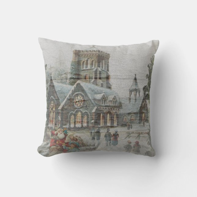 Oude kerstman met kinderen voor een kerk kussen (Voorkant)