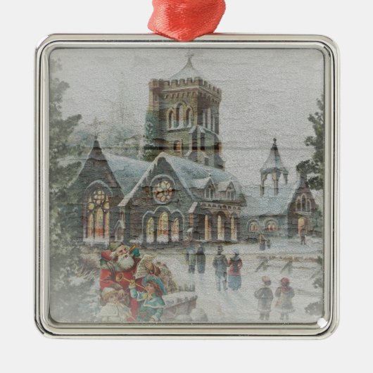 Oude kerstman met kinderen voor een kerk metalen ornament (Voorkant)