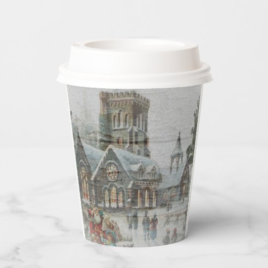 Oude kerstman met kinderen voor een kerk papieren bekers (Achterkant)