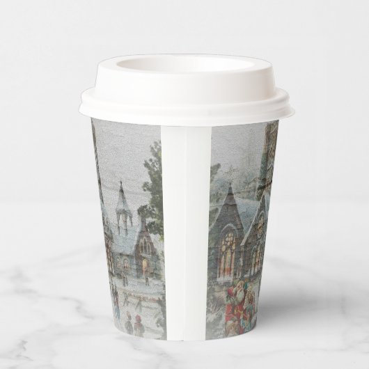 Oude kerstman met kinderen voor een kerk papieren bekers (Rechts)