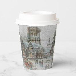 Oude kerstman met kinderen voor een kerk papieren bekers