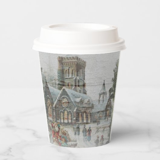 Oude kerstman met kinderen voor een kerk papieren bekers (Voorkant)