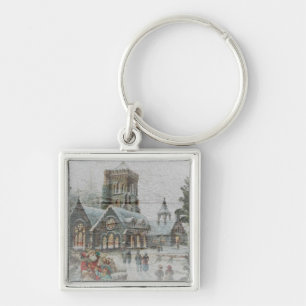 Oude kerstman met kinderen voor een kerk sleutelhanger