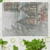 Oude kerstman met kinderen voor een kerk theedoek (Gevouwen)