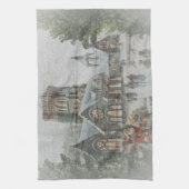 Oude kerstman met kinderen voor een kerk theedoek (Verticaal)