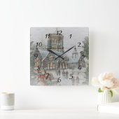 Oude kerstman met kinderen voor een kerk vierkante klok (Huis)