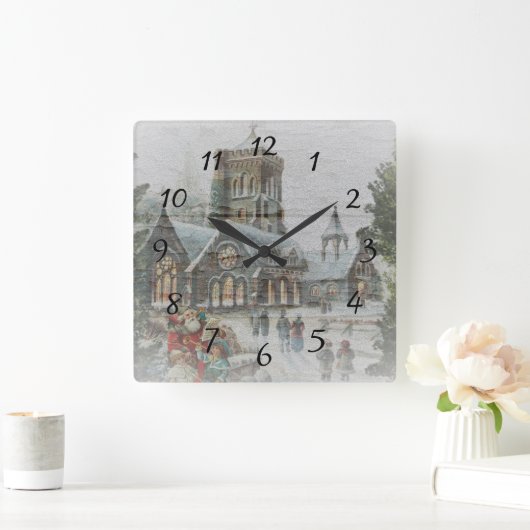 Oude kerstman met kinderen voor een kerk vierkante klok (Huis)