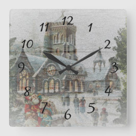 Oude kerstman met kinderen voor een kerk vierkante klok