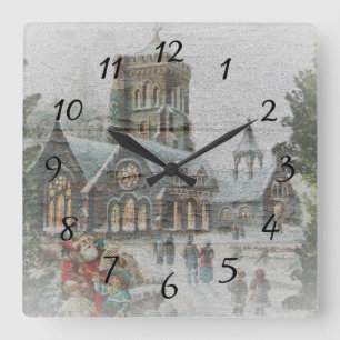 Oude kerstman met kinderen voor een kerk vierkante klok