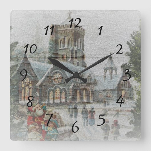 Oude kerstman met kinderen voor een kerk vierkante klok (Voorkant)