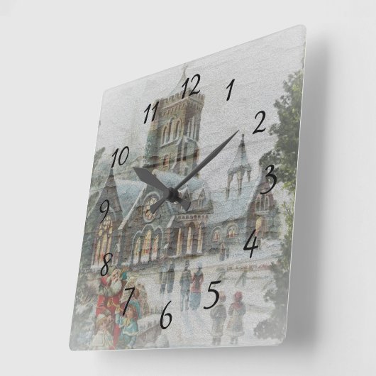 Oude kerstman met kinderen voor een kerk vierkante klok (Hoek)