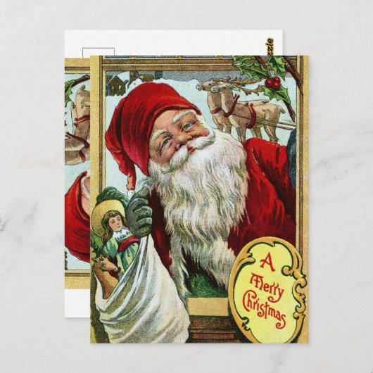 Oude Kerstman met speelgoed en rendieren Briefkaart (Voorkant / Achterkant)