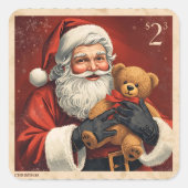 Oude Kerstman met teddybeer kerstpostzegel Vierkante Sticker (Voorkant)