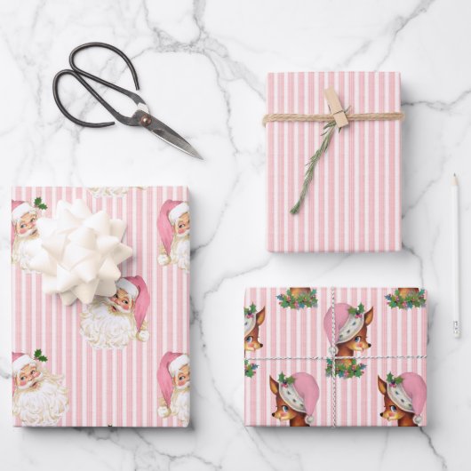 Oude Kerstman & Rendier Roze Streep Inpakpapier Vel (Voorkant)