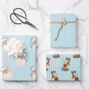 Oude Kerstman & Rendier Turquoise Streep Inpakpapier Vel