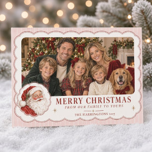 Oude Kerstman Roze Streep Familie Foto Feestdagenkaart