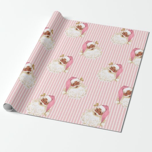 Oude Kerstman & Roze Streep Kerstmis Cadeaupapier (Uitgerold)