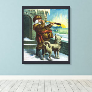 Oude Kerstman Verrekijker Hond Zonsondergang Canvas Afdruk