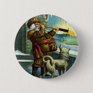 Oude Kerstman Verrekijker Hond Zonsondergang Ronde Button 5,7 Cm