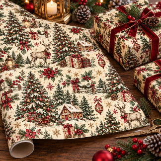 Oude Kerstmis Antieke Oerbossen Groen Bomen Cadeaupapier