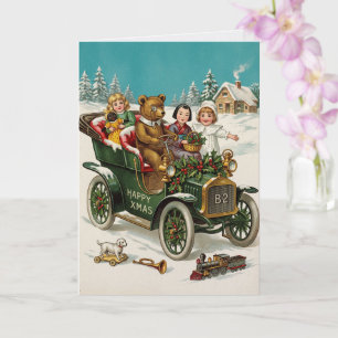 Oude Kerstmis Auto Kinderen Vakantiekaart Kaart