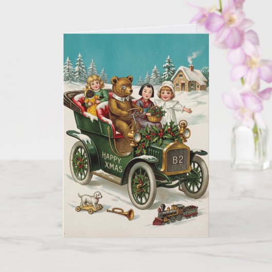 Oude Kerstmis Auto Kinderen Vakantiekaart Kaart (Orchidee)