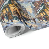 Oude Kerstmis Besneeuwd Stadssstraatbeeld Cadeaupapier (Rol Hoek)