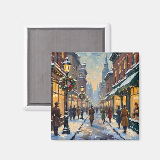 Oude Kerstmis Besneeuwd Stadsstraatbeeld Magneet (Voorkant / Achterkant)