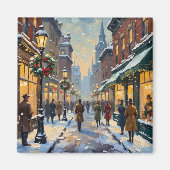 Oude Kerstmis Besneeuwd Stadsstraatbeeld Magneet (Voorkant)