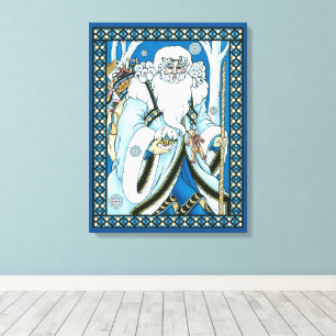Oude Kerstmis, Blauwe Kerstman met Sneeuwbol Canvas Afdruk