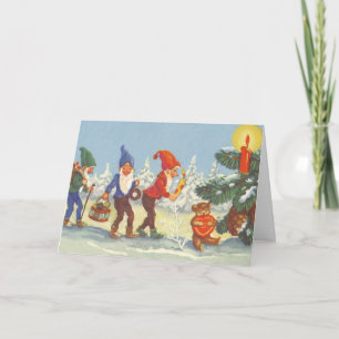 Oude Kerstmis, Elfen in het Sneeuwbos Winter Feestdagen Kaart