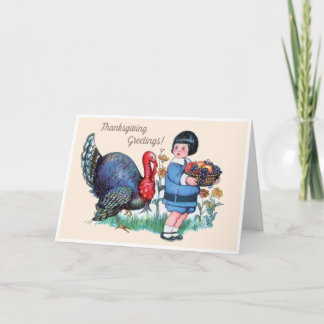 Oude Kerstmis Jongen met Kalkioen & Oogst Feestdagen Kaart