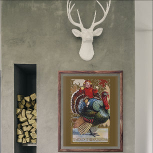 Oude Kerstmis Jongen rijdt op kalkoen Poster