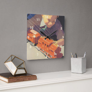 Oude Kerstmis, Jongen speelt met speelgoedtreinen Vierkante Klok