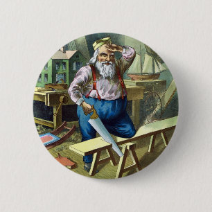 Oude Kerstmis, Kerstman Bouwt Speelgoed Zaag Ronde Button 5,7 Cm