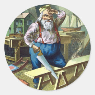 Oude Kerstmis, Kerstman Bouwt Speelgoed Zaag Ronde Sticker