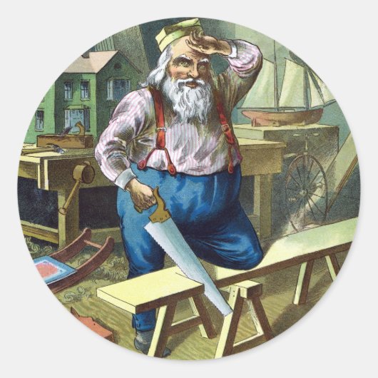Oude Kerstmis, Kerstman Bouwt Speelgoed Zaag Ronde Sticker (Voorkant)