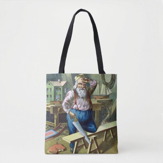 Oude Kerstmis, Kerstman Bouwt Speelgoed Zaag Tote Bag (Voorkant)