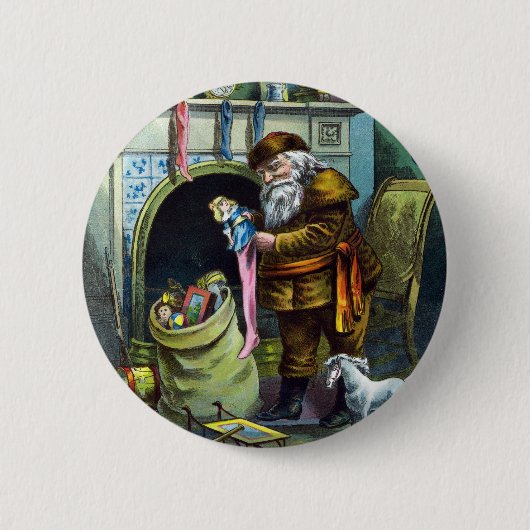 Oude Kerstmis, Kerstman Kousen met Speelgoed Ronde Button 5,7 Cm (Voorkant)