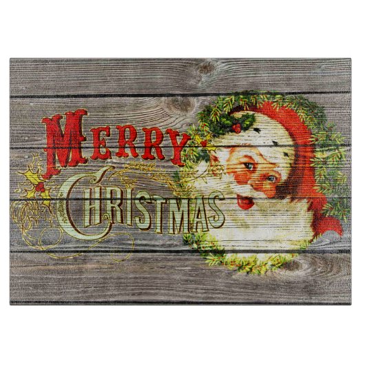 Oude Kerstmis & Kerstman op roestige oude Hout Snijplank (Voorkant)
