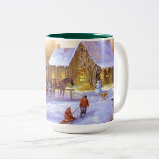 Oude Kerstmis Paard Kar Kinderen Slede Tweekleurige Koffiemok (Voorkant rechts)