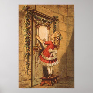 Oude Kerstmis Victoriaans meisje dat een krans oph Poster