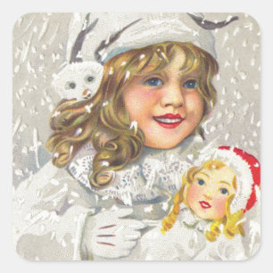 Oude Kerstmis Victoriaans meisje met pop in de sne Vierkante Sticker