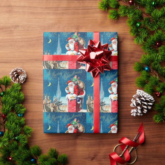 Oude Kerstmis Victoriaanse Kerstman op Schoorsteen Cadeaupapier (Feestdagen Geschenken)