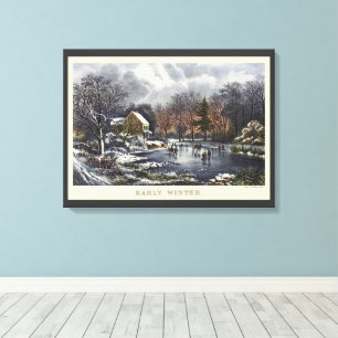 Oude Kerstmis, Vroege Winter Schaatsers op een Vij Canvas Afdruk