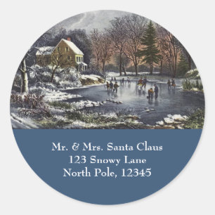 Oude Kerstmis, Vroege Winter Schaatsers op een Vij Ronde Sticker