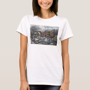 Oude Kerstmis, Vroege Winter Schaatsers op een Vij T-shirt
