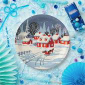 Oude Kerstmis Winter Dorpslandschap Sneeuw Papieren Bordje (Feest)