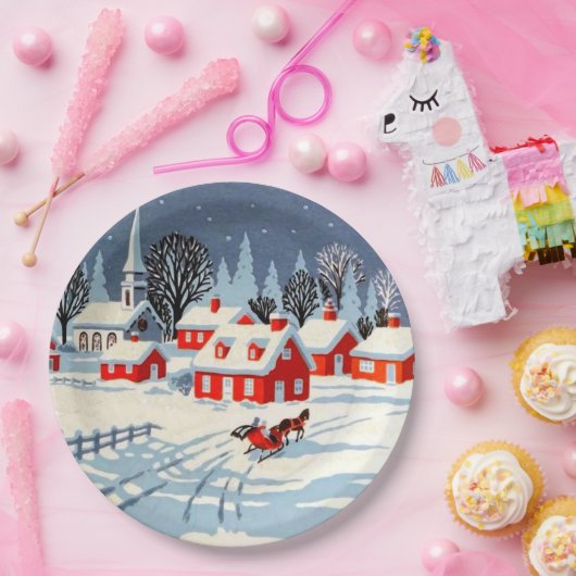 Oude Kerstmis Winter Dorpslandschap Sneeuw Papieren Bordje (Feest)