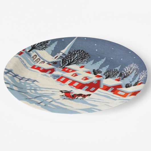 Oude Kerstmis Winter Dorpslandschap Sneeuw Papieren Bordje (Gekanteld)